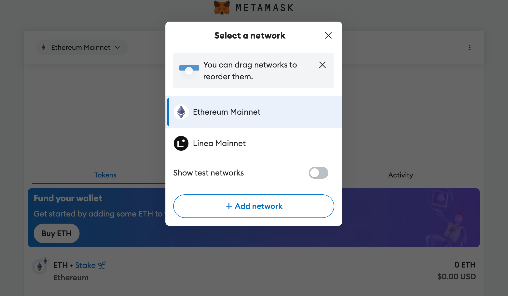 Select a network screen in MetaMask